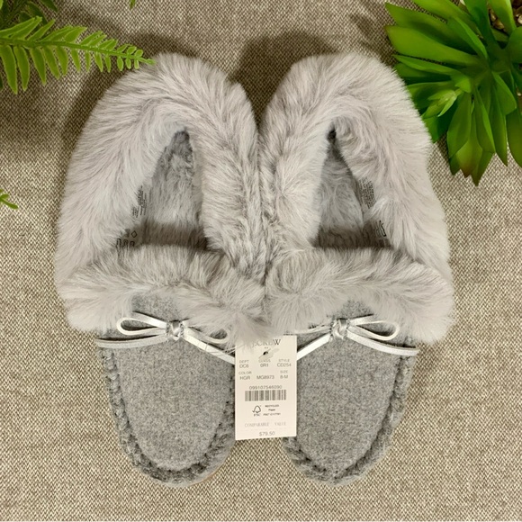 J.CREW Faux Fur Grey Moccasin with Silver Bow 8M NEW! - Picture 6 of 8